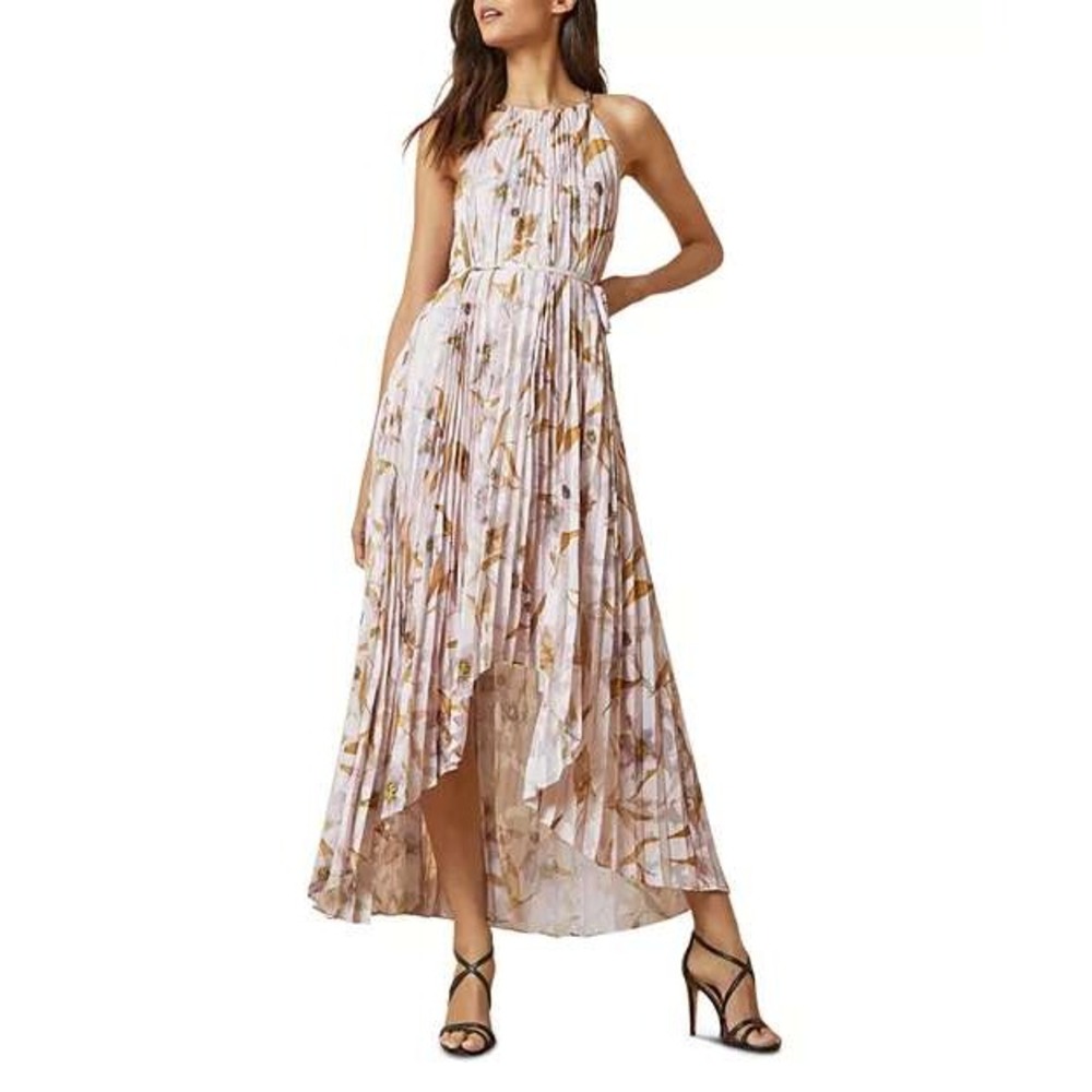 Ted Baker Women Dixxie Pleated Maxi Dress Size 4 Pink Floral Halter Garden Party